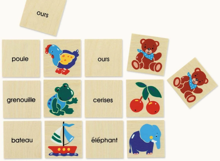 Houten geheugenspel met afbeeldingen en Duitse woordjes