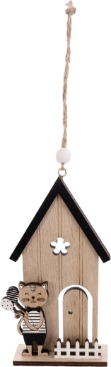 Hangend houten huisje met kat (beige)