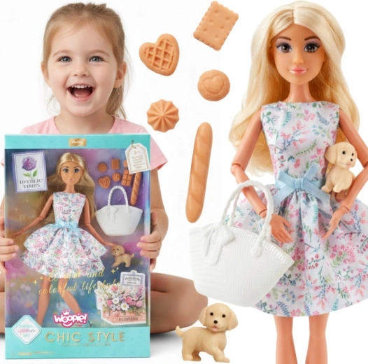 Woopie Royal pop Lily 30 cm in lentekleding met picknickaccessoires en een hondje