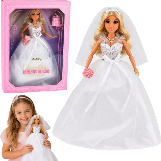 Anlily pop - bruid in trouwjurk met pailletten, met sluier, boeket en taart - 1 stuk