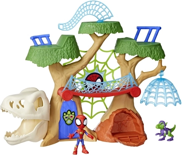 Spelen met Spider-Man- en dinosaurusfiguren