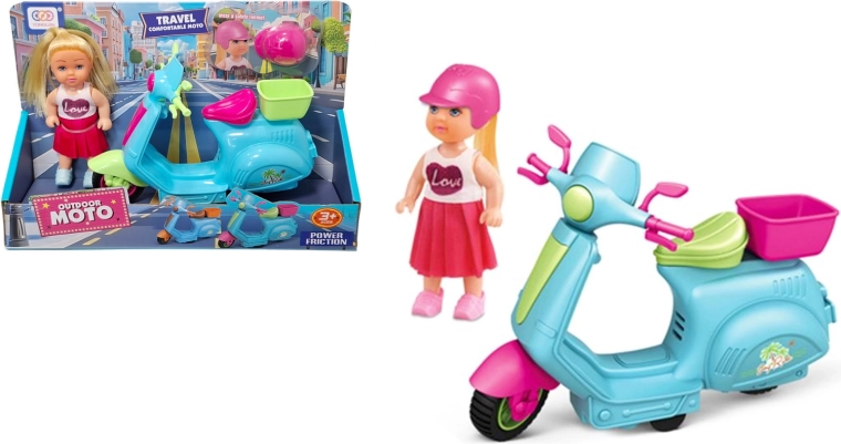Pop met scooter, mandje en helm