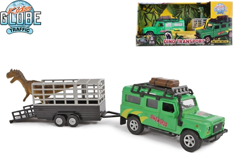 Kids Globe Traffic terreinwagen LAND ROVER met aanhanger en dinosaurus 28 cm, metaal, pull-back