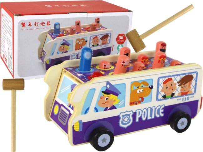 Houten behendigheidsspel politiebus met hamer