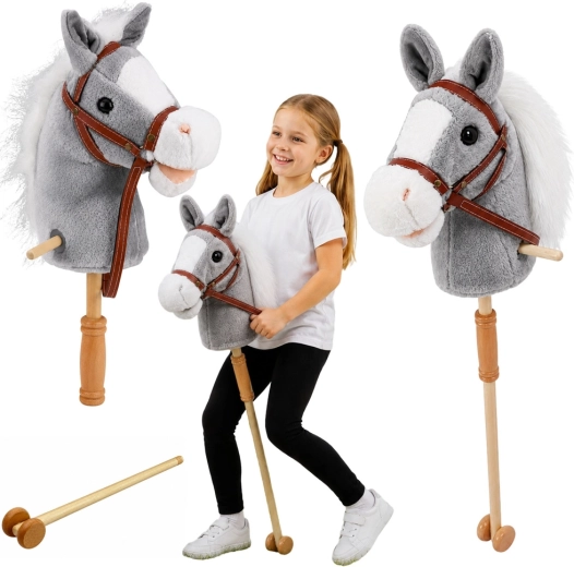 Hobby horse grijs paard op stok 100 cm met geluiden en wieltjes
