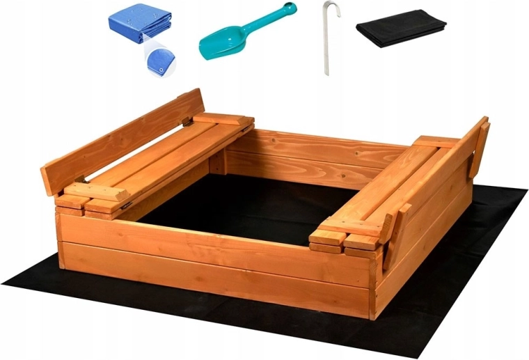 Houten zandbak met deksel en bankjes BABY MIX 100 × 100 cm