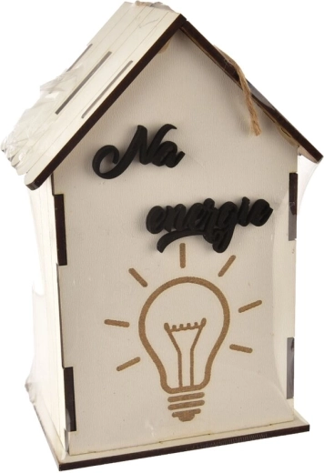 Witte houten spaarpot voor energiebesparing