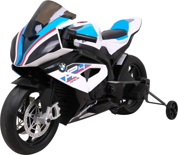 Elektrische kinder-motor BMW HP4, wit, zijwieltjes, zachte start, EVA-wielen, MP3 en LED