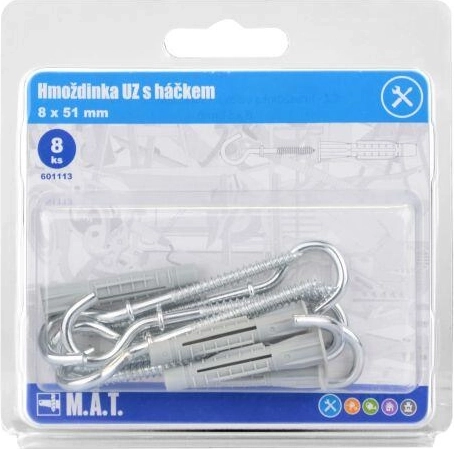 Knoophuls met haak 8 × 51 mm, wit zink (8 stuks)