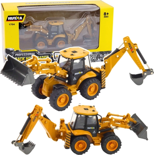 Metalen model van een wiellader-graafmachine Huina in gele uitvoering 1:50
