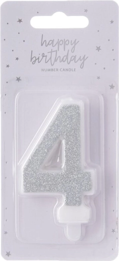 Taartkaars cijfer 4 zilver metallic 7 cm
