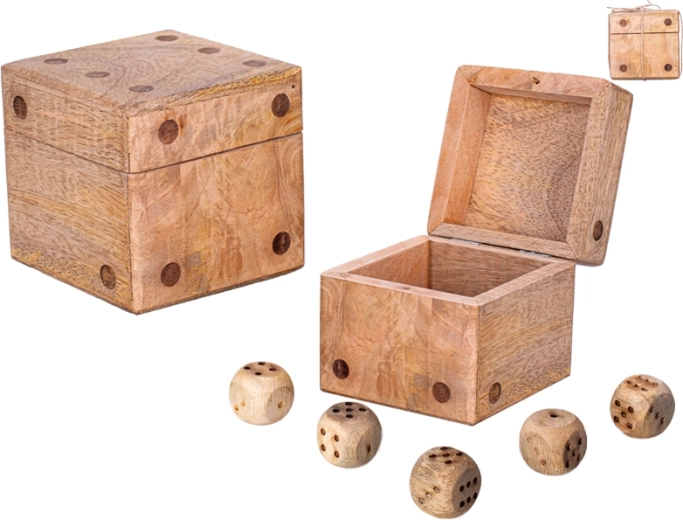 Houten dobbelsteen van mangohout met opbergdoos en set van 5 dobbelstenen