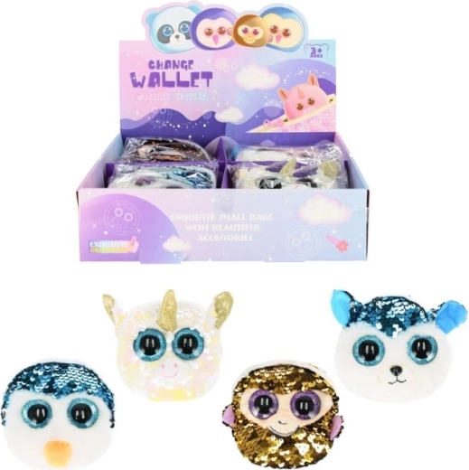 Pluchen portemonnee met dier en pailletten – set haaraccessoires (4 varianten)