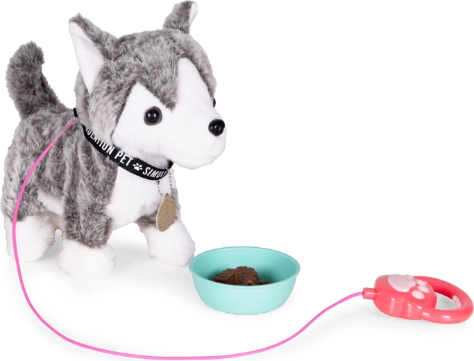 Loopt, kwispelt met zijn staart en beweegt zijn hoofd