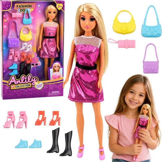 Anlily-pop in roze jurk met set handtasjes en schoenen