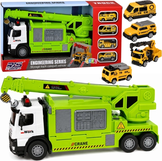 Groene kinder-kraanwagen met autotransporter, licht en geluid (4 voertuigen)