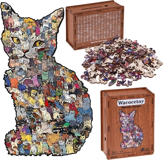 Houten puzzel kat 2-in-1 met doosje–spaarpot (vintage), A3, 195 stukjes