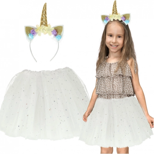 Carnavalskostuum eenhoorn – kinderset met haarband en tule rokje – Wit