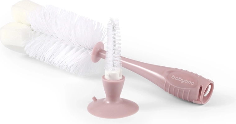 Babyono borstel voor babyflessen en spenen met zuignap pink