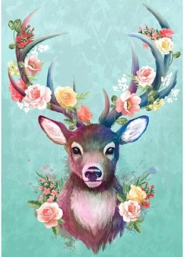 Diamantschilderen – hertje met bloemengewei 30 × 40 cm