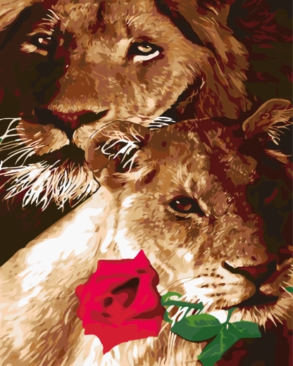 Schilderen op nummer Leeuw en leeuwin met roos 40 × 50 cm