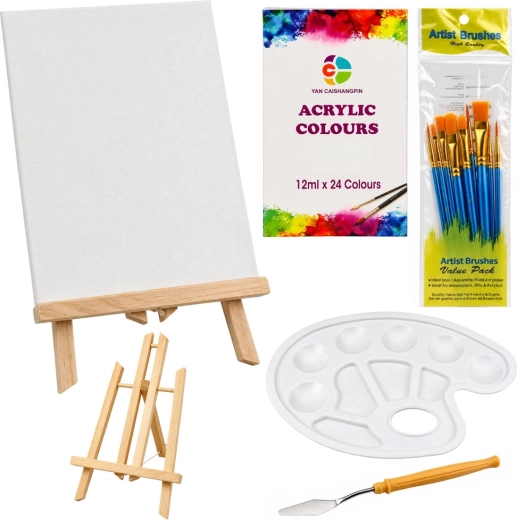 Schilderpakket met tafel-ezel, 12 doeken en 24 acrylverfkleuren