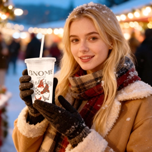 Kerstplastic beker met rietje en deksel 473 ml
