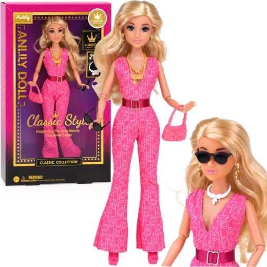 Anlily-pop in klassieke stijl in een roze jumpsuit met sieraden