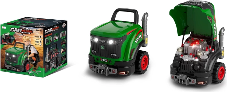 Groene mechanische kindertrekker met geluid, licht en stoomeffect