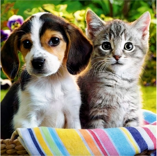 Diamantmozaïek (diamond painting) puppy met kitten 30 × 30 cm