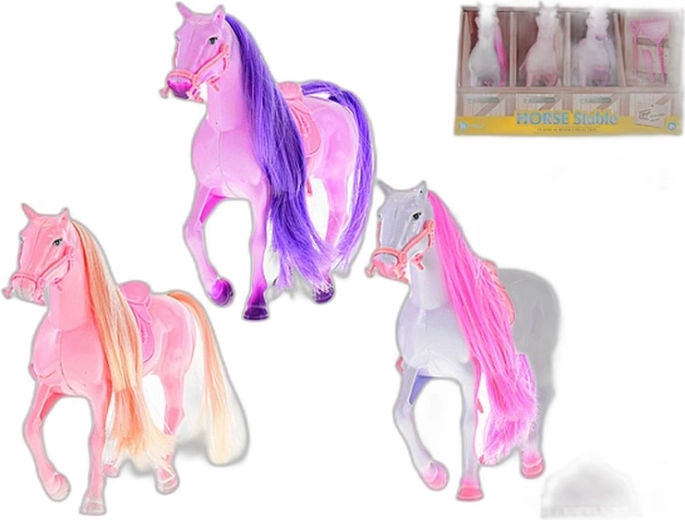Paard met zadel en accessoires in een papieren stal - 1 stuk