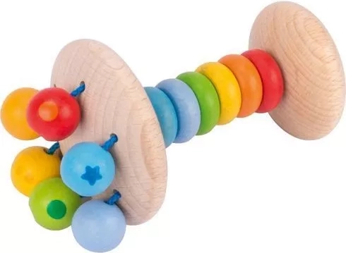 Houten rammelaar met kralen en spiegeltje