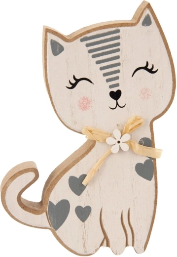 Decoratieve houten kat wit-grijs 15 cm