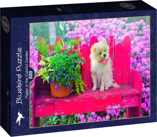 Bluebird puzzel Puppy in een kleurrijke tuin 500 stukjes