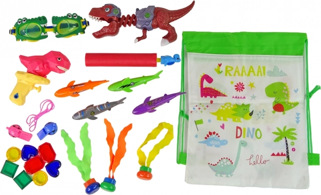 Kinder duikset met dinosaurussen voor in het water en zwembad