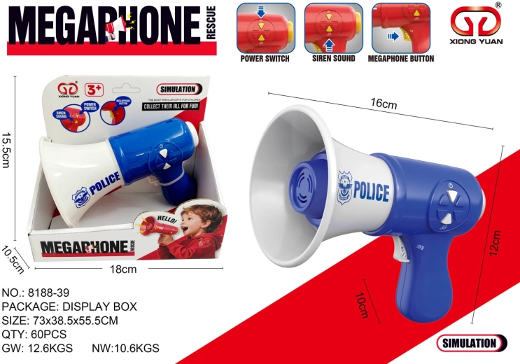 Blauwe politie-megafoon voor kinderen