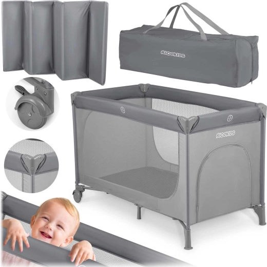 Grijs reisbedje met matras en transporttas 125 × 65 × 78 cm