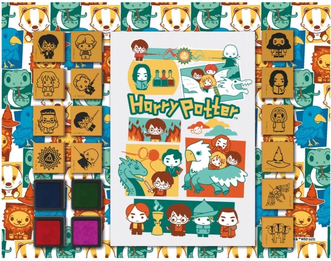 Leuke stempels met blok HARRY POTTER – schuimset van 14 stempels en 4 gekleurde inktkussens