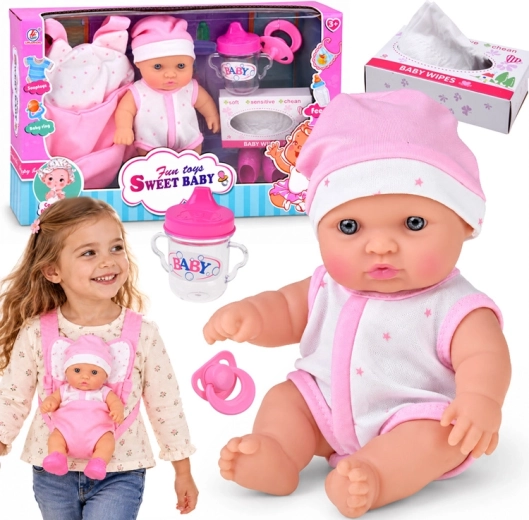 Babypop 20 cm in draagzak met fopspeen, flesje en accessoires