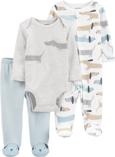 Carter’s babyset 3 stuks – overslagpakje met drukknoopjes, voetjesbroek en romper met lange mouwen Dogs (jongen)