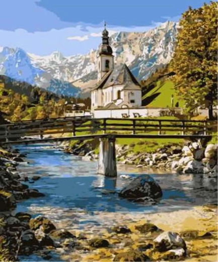 Norimpex schilderen op nummer Kerk in de bergen 40 × 50 cm