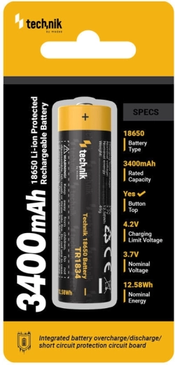 Oplaadbare Li‑Ion batterij 18650 3400 mAh 3,7 V met bescherming Technik
