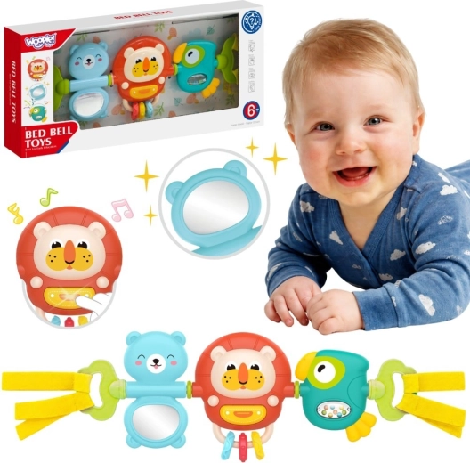 Woopie baby sensorisch hangpaneel voor kinderwagen en ledikant met rammelaar en spiegeltje 6m+