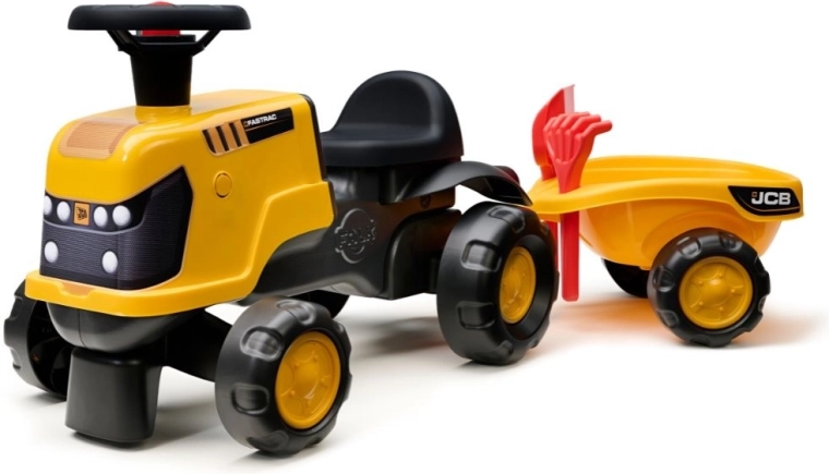 Looptractor JCB Fastrac met aanhanger, schep en hark 1–3 jaar