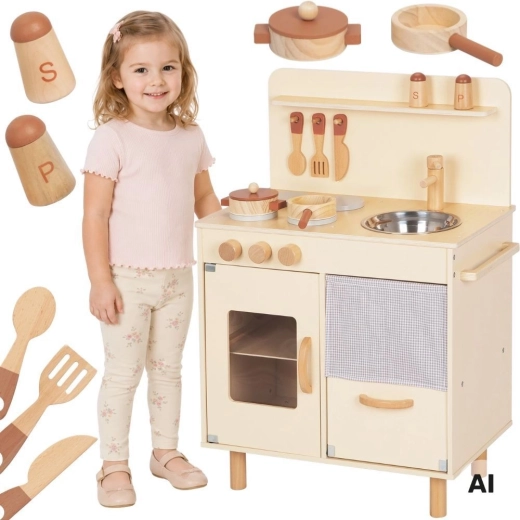 Houten kinderkeuken beige met accessoires Tooky Toy