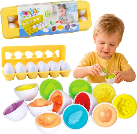 Educatieve eier-sorterset – vormen en kleuren sorteren, fruit en groente, 12 stuks