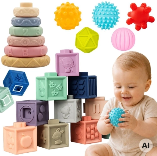 Woopie Baby zachte sensorische blokken en bijtringen – set 23 stuks