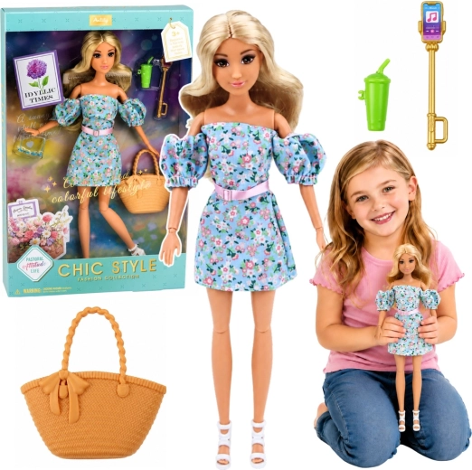 Anlily Fashion-pop in blauwe bloemenjurk met handtas en accessoires