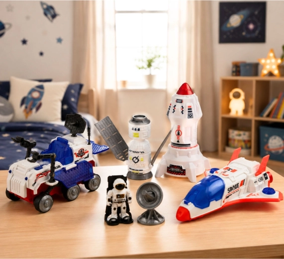 Voertuigen voor de hele missie: raket, spaceshuttle en rover