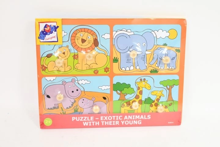 WOODY houten baby-puzzel met knoppen, dierenjongen 4-in-1